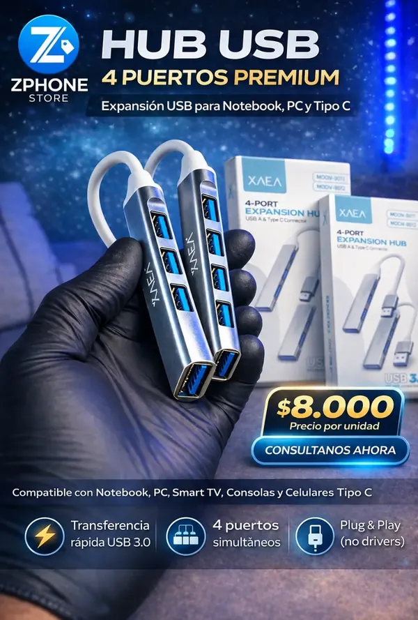 Hub USB 4 Puertos (USB-A o Tipo C)